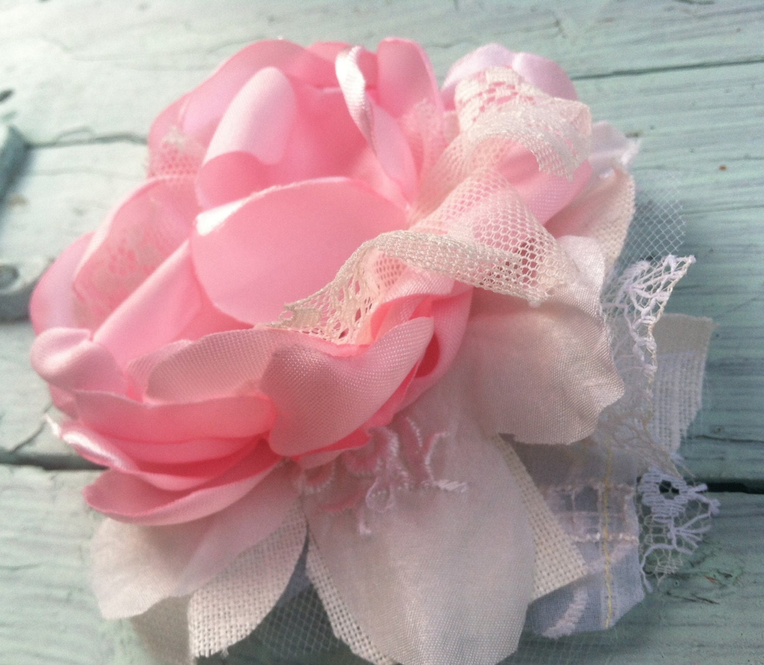 Shabby Chic Fabric Flower, Pink & White, Satin, Linen, Lace, Bridal, Girls Headband, Women's Headband, Pink Hair Accessory, Couture 