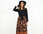 Vintage S Black Pink Gold Paisley Stained Glass Empire Hippie Boho Maxi Dress