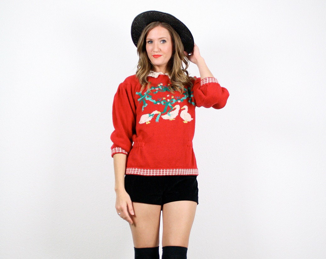 Vintage M Red Goose Bird Heart Print Crochet Peter Pan Collar Sweater Jumper