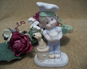 Chef Baker, Girl Child, Cat Kitten, Cake Cupcake, Hat Overalls, Hand Painted, Ceramic Bisque, Pastel, Blue White, Cottage Chic, Kitchen