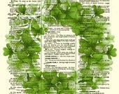 Shamrock Wreath on 115 Year Old Dictionary Page, St. Patrick's Day Shamrock Wreath, Irish, Clover, Green, Mixed Media Art Print