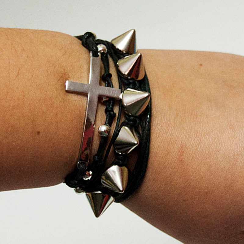 OOAK Magnetic black multi strand arm candy macrame stackable wrap bracelet silver sideways cross studs spikes goth metal punk