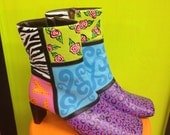 Fun & Funky Hand Painted Vintage Leather Womens Boots Size 7.5 with Animal Print, Hearts, and Roses