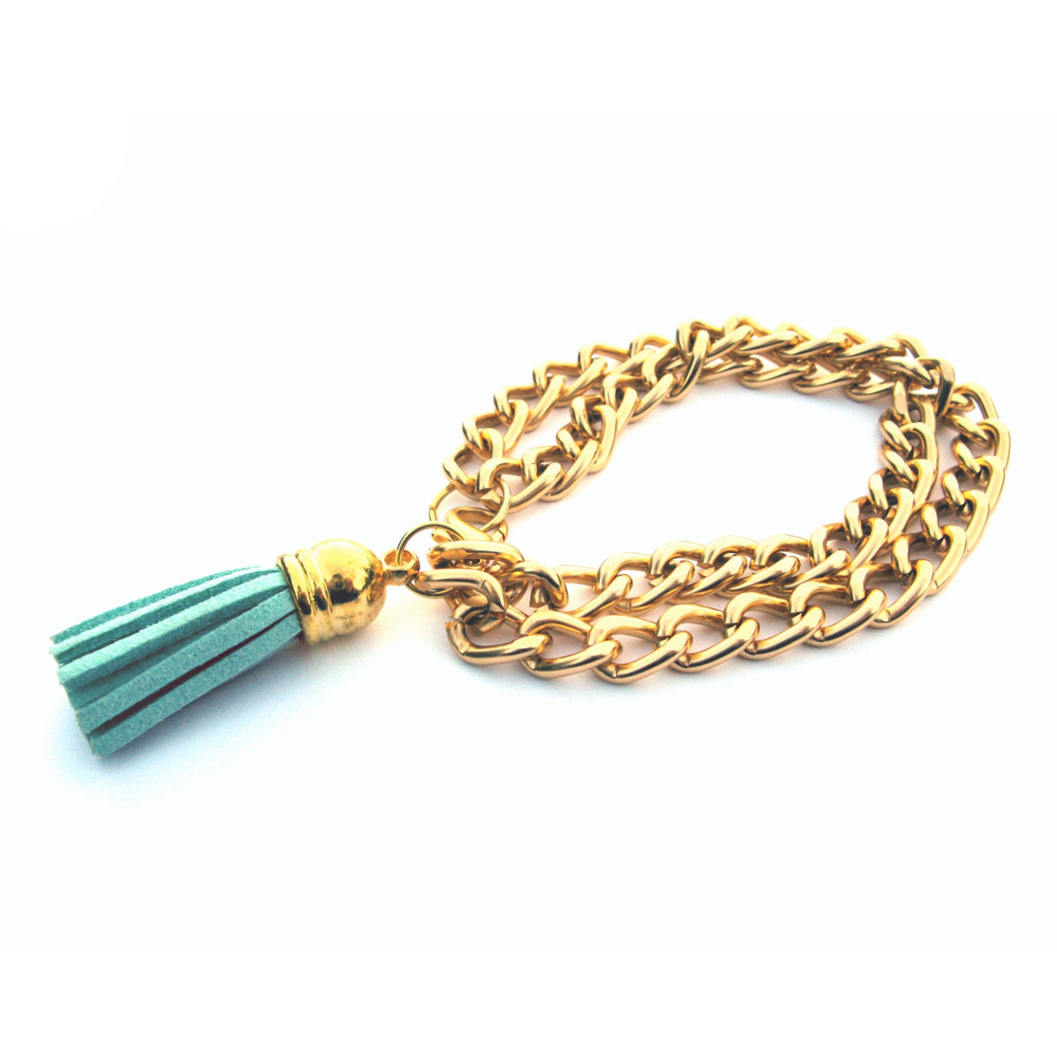 Adrianna Arm Candy Robin's Egg Blue Tassel Bracelet on a Small Smooth Chunky Gold Chain Bracelet Arm Candy