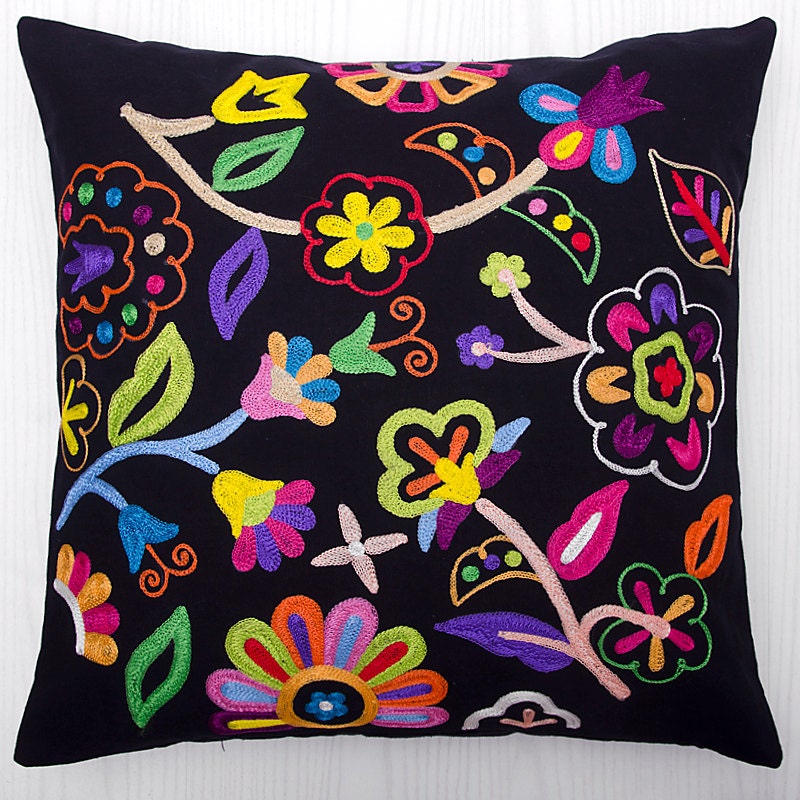 Decorative Throw Pillow, Suzani Pillowcase, Black Accent Pillow cover, Indian Ethnic Cushion Cover, 40x40 cm