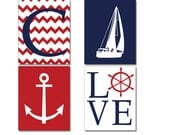 Nautical Nursery Decor, Custom Colors Nautical Print set, Four prints, Sailboat, Chevron Monogram, Anchor, Love, Nautical Decor 8x10
