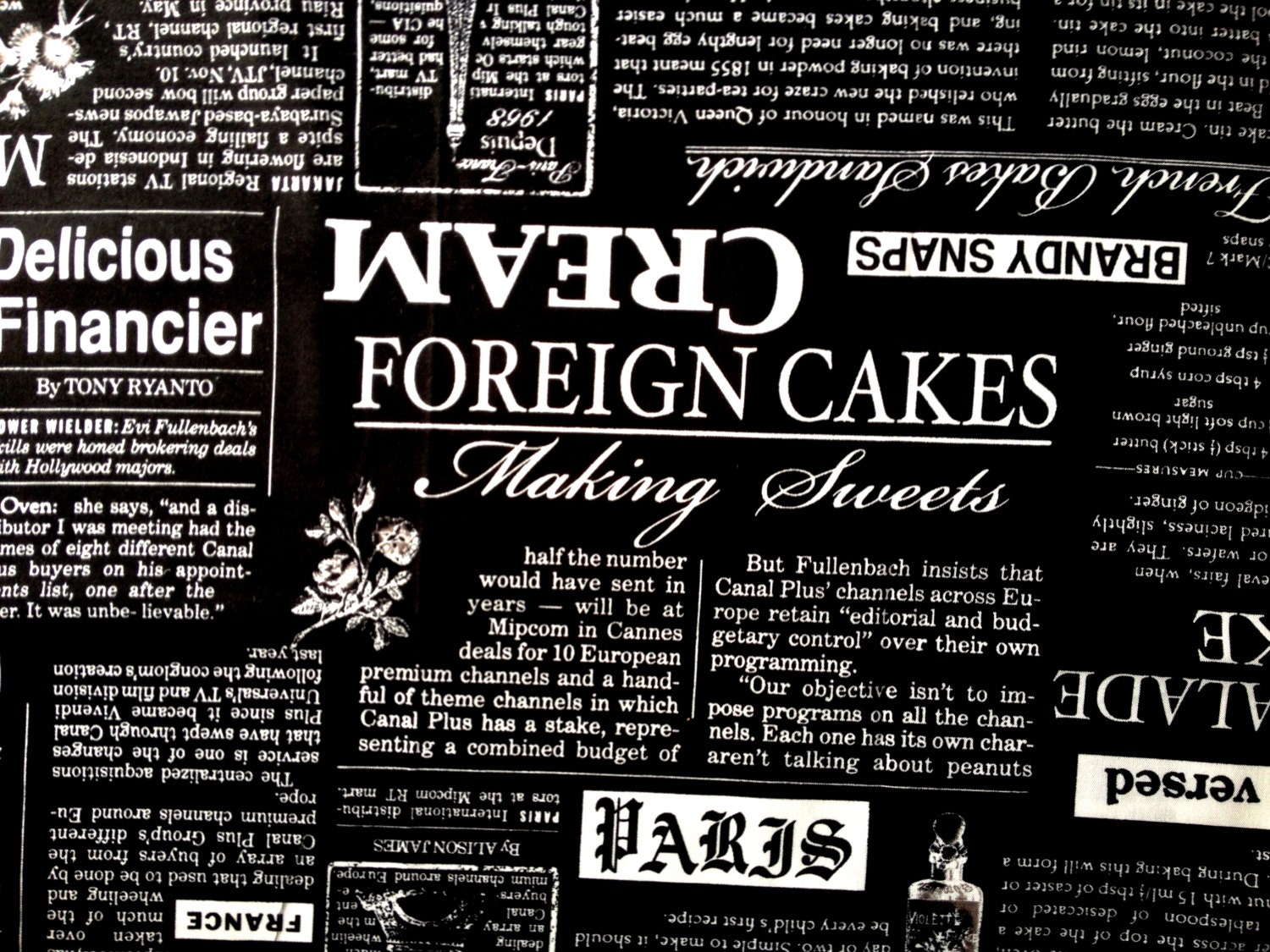 Lecien Text Print Black and White Recipes and Newspaper Fat Quarter