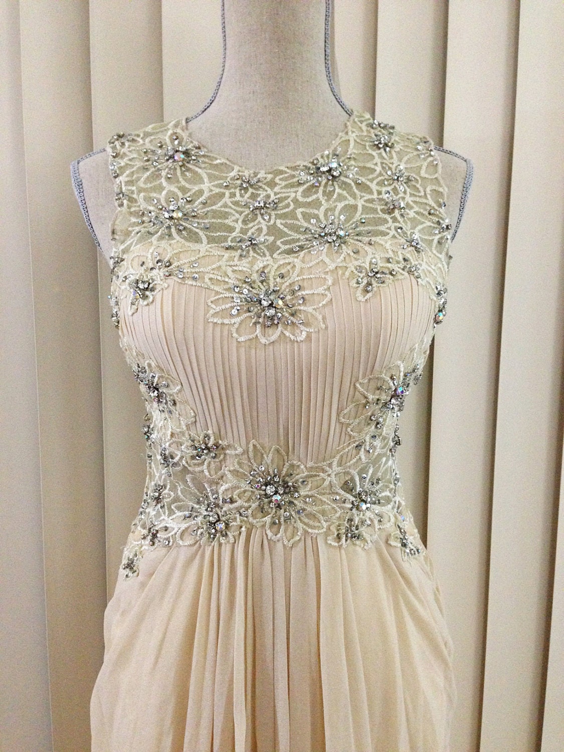 Cream Lace Rhinestone and Sequin Chiffon Gown