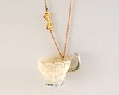 Lace Teacup Necklace - Vintage Copper Chain with Vintage Gold Bow Clasp - 30 inch long necklace