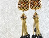 Vintage Statement Earrings, Geometric, 24K Gold Plated, Black Brown Beige Enamel, Rhinestones, Tassels, ELEE MEXICO, 1980s Jewelry