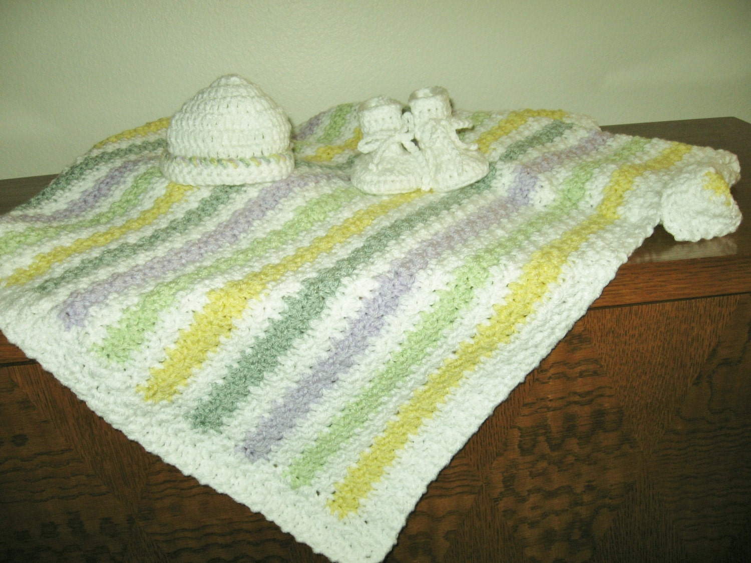 Hand Crocheted 36x36 inch Multi Colored Striples with White Baby or Small Child's Blanket Set    Free Shipping