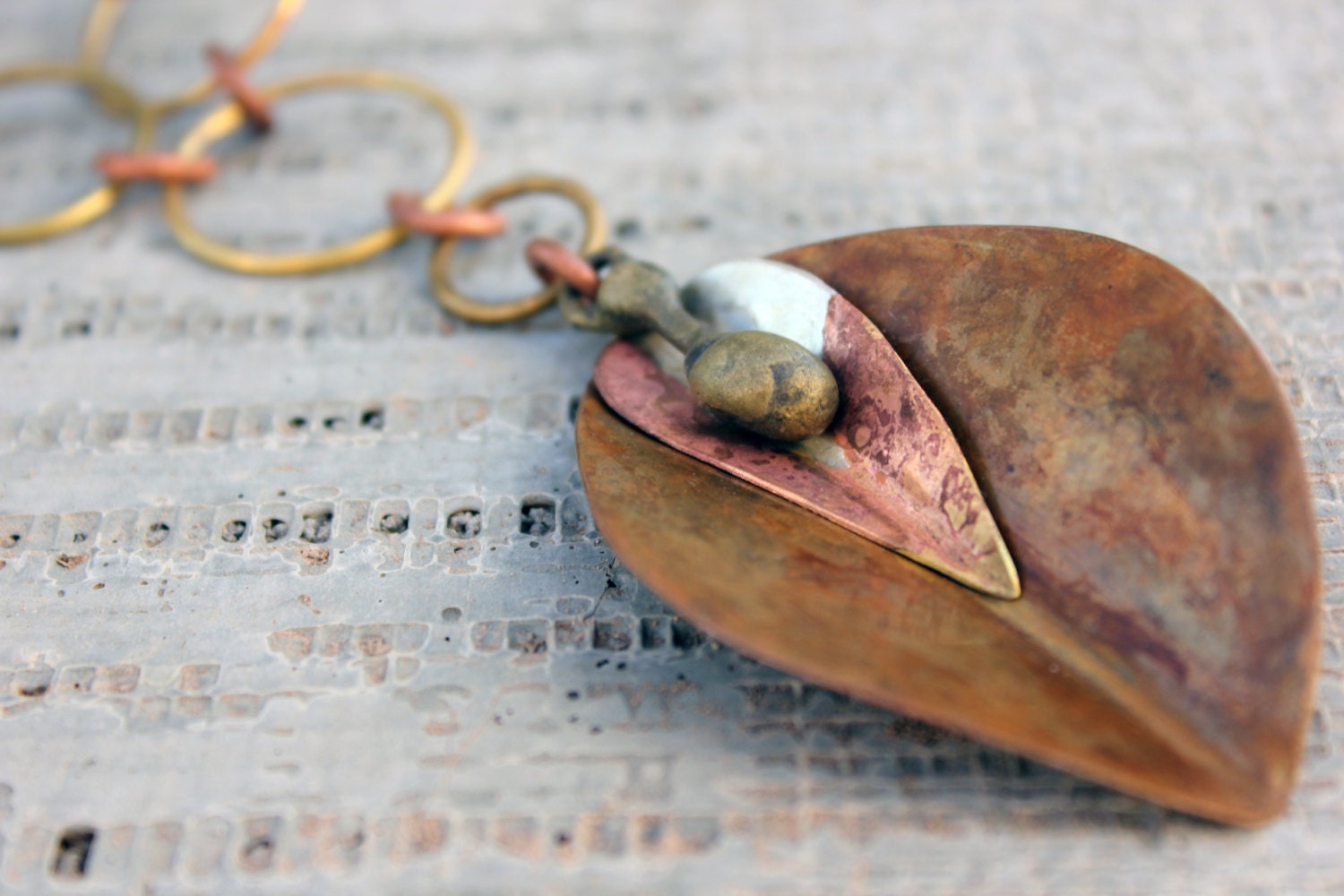 Statement necklace - petal - rose - leaf - hand forged - bronze jewelry - nature jewelry - OOAK - metal smith necklace - hand stitched