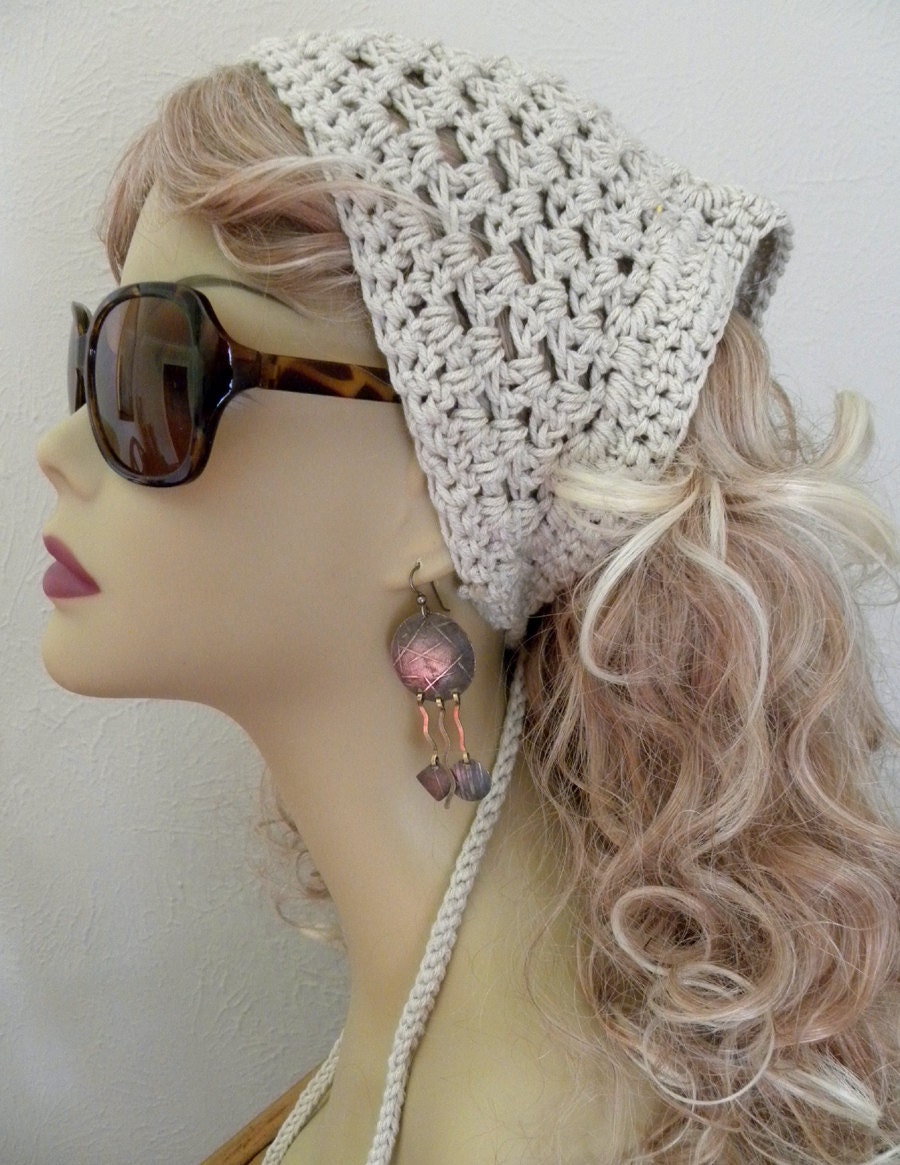 Boho Chic Fashion 100% Cotton Kerchief /headscarf hand crocheted girls/ women hair accessories bandana Ecru Light Tan