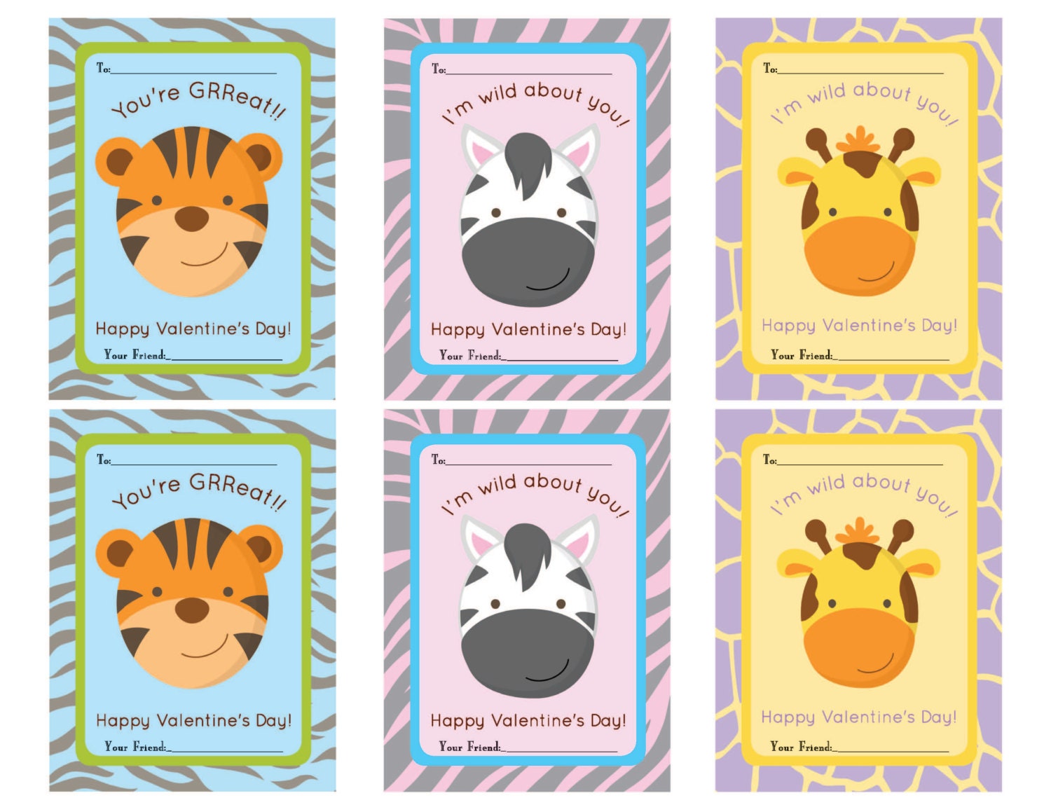 Kids Valentine's Day Cards --Cute Animal Print Cards YOU PRINT- Digital File Only...Perfect for classroom friends, parties