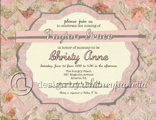 Shabby Chic, Chevron, Pink, Digital Baby Girl Shower Invitation or Baby Announcement