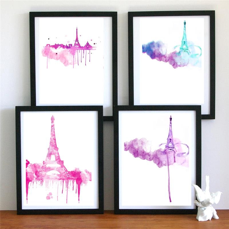 4 pink paris eiffel tower - original Illustration art print - A4 Size - black and white Poster - watercolor print