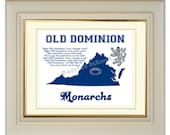 Old Dominion Monarchs Art Print Virginia State Map College Football Fight Song Gift Home Decor 8x10