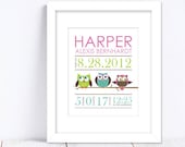 Nursery Wall Art Print Custom (Baby Name Print and Birth Stats Print) 8x10 Whimsical Owls, Baby Shower Gift