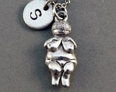 Venus of Willendorf, Woman of Willendorf, goddess fertility, antique silver pewter, initial necklace, hand stamped, Personalized necklace