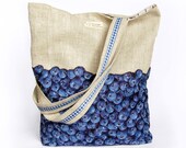 Tote Linen Blueberries Blue Bag, Berries Kawaii Canvas Shopper Bag