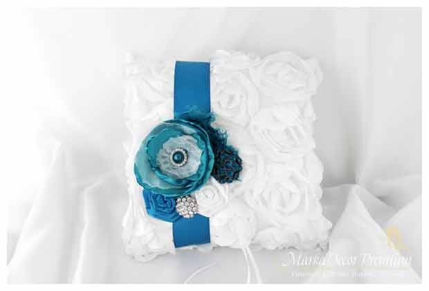 Wedding Ring Pillow in Teal Turquoise and White with Brooches Crystals Handmade Flowers 1pc