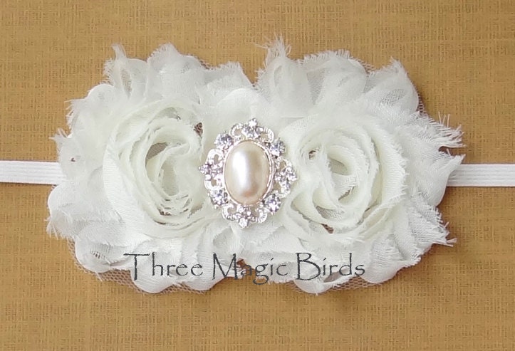 IVORY Headband, Shabby Chic Roses Headband, Rhinestone Headband, Baby Headband, Toddler Headband, Photography Prop, Baby Bows