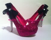 Pink Glitter High Heels With Silver Swarovski Diamonte / Diamante Bling Heels and bow Size UK 3-8 US 5-10 au 5-10 eu 36-41- Wedding unique