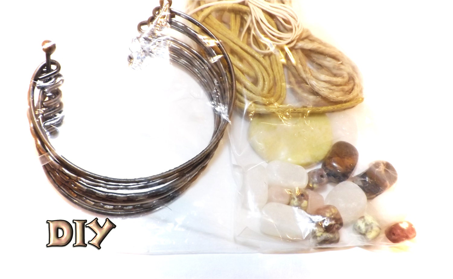 Peridot Jasper, DIY BoHo,Italian White Onyx, Lepidolite Pebbles, Brown Portoro Marble, Bohemian Bangle Bracelet Jewelry DIY Kit
