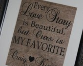 Personalized Couples Print : Every Love Story is Beautiful but Ours is My Favorite 8x10 Wall Art Burlap Looking