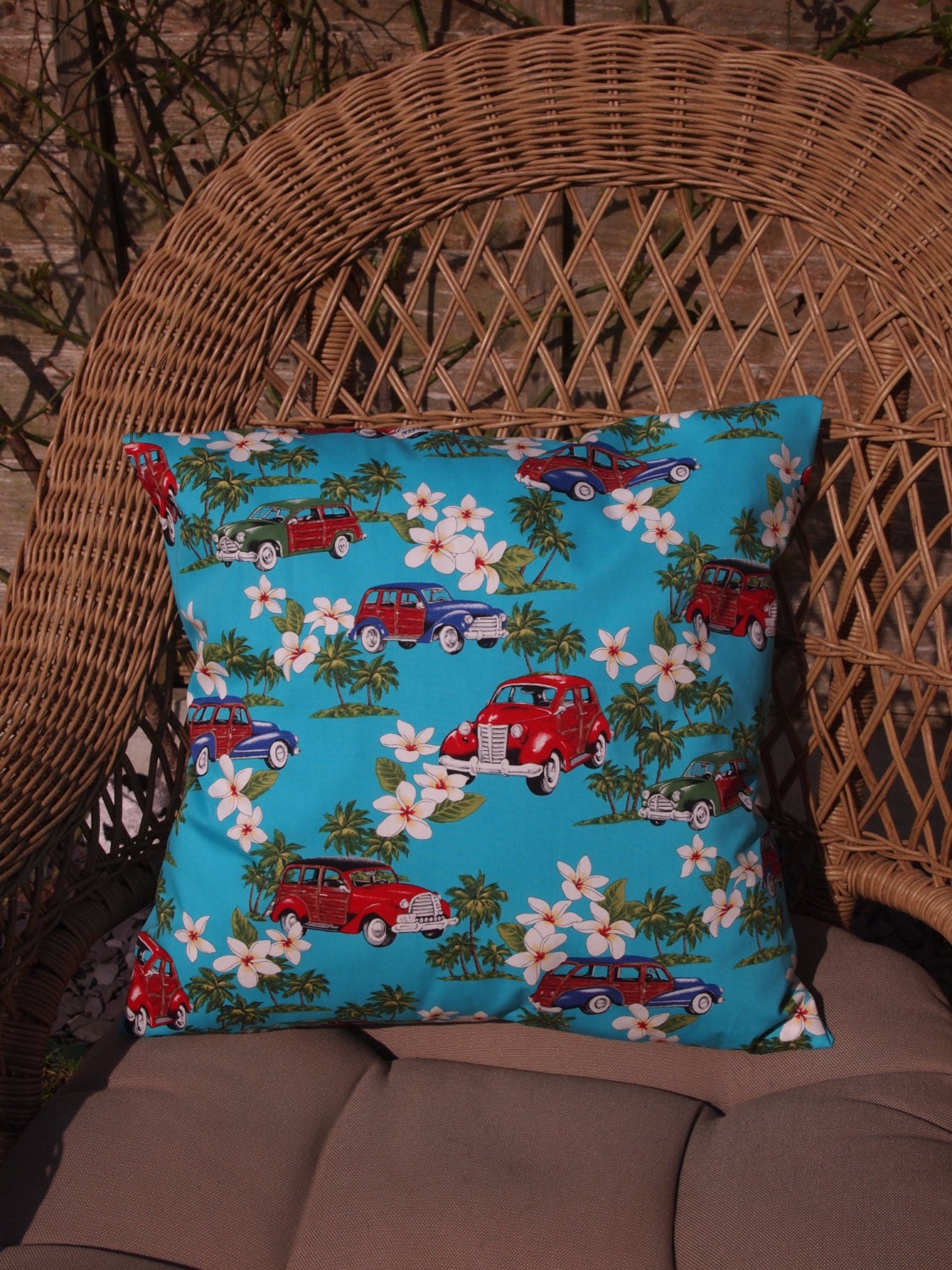 Handmade Tropical Car Cushion Cover - Vintage Bird Blue Pink Lampshade Vintage 16" Rockabilly Motor Cuban Hawaii Pin Up Girl 1950s 50s Beach