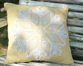 Vintage Doily Yellow Linen Pillow Cover 18 x 18