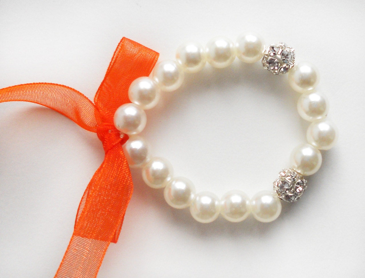 Flower girl pearl bracelet orange organza ribbon rhinestones little pearl bracelet wedding bridesmaid
