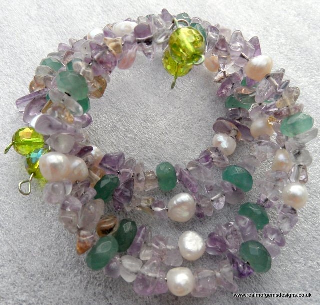 bridal amethyst and pearl cuff handmade gemstone jewellery semi precious bangle gems memory wire bracelet by realm of gems designs