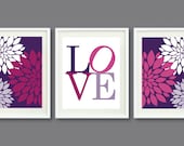Three Print Set-Flowers-LOVE-Kids Room, Nursery, Home Decor-8x10-Purple and Pink OR Choose Colors-Trio-3-Dorm, Teen, Abstract