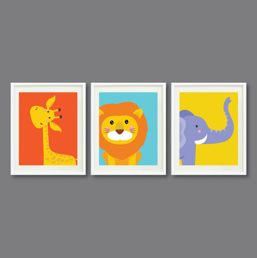 Safari Animals - Set of Three 8x10 Art Prints for Nursery, Kids Room, Home Decor -Giraffe, Lion, Elephant - Bright