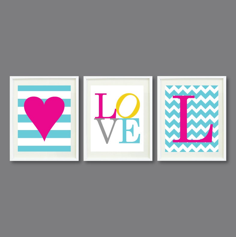 Custom Nursery or Kids Room Art Print Set of Three-8x10-Heart, LOVE, Monogram Initial-Aqua, Pink, Yellow, Grey OR Choose Colors-Teens Room