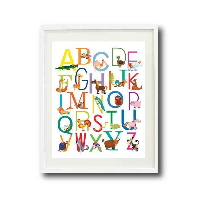 Animal and Bird Alphabet Art Print-8x10-Green, Red, Blue, Pink, Orange, Aqua, Yellow, Purple-Nursery, Kids Room, ABC-Girls or Boys Bedroom