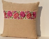 Oatmeal cotton burlap throw pilows with floral embroidery  Decorative throw pillow covers in cotton  16X16 cushion covers