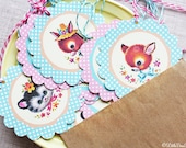 Kawaii Baby Animal Gift Tags- 12 Vintage Style Scalloped Animal Tags- Kitschy, Retro