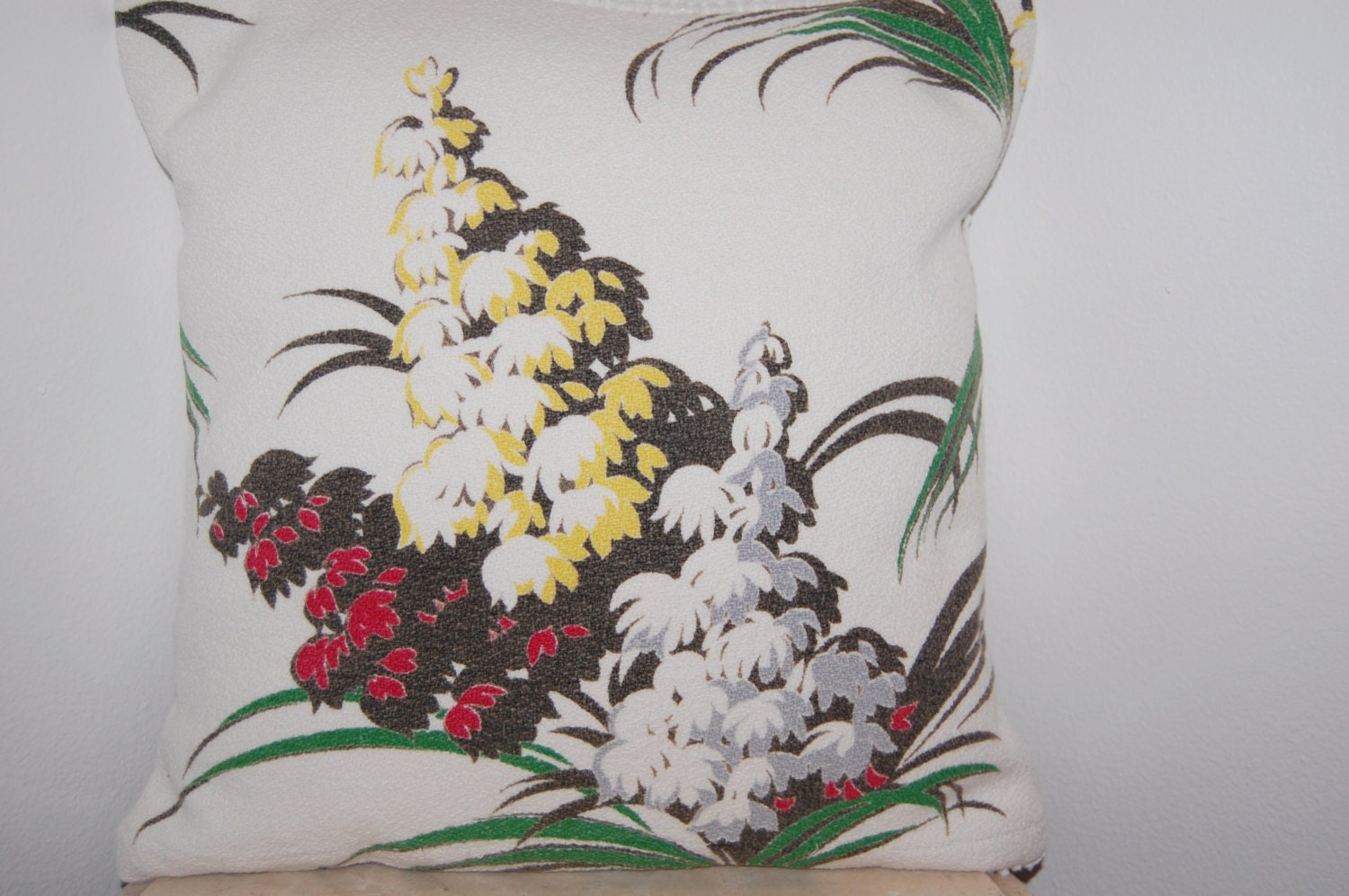 CUSTOM Barkcloth Chenille Vintage Retro 1960s Red Yellow Fern Throw Pillow Handmade Upcycled White Bedspread Curtain 14 x 14