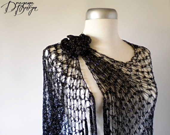 Crochet Solomons knot black scarf shimmering extra long fringe wrap shawl lace