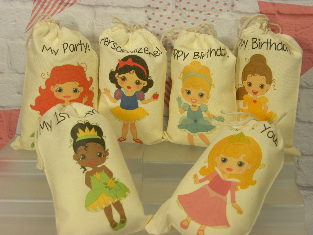 Muslin Cotton Bags Girls Birthday Party Favors Princess Treat or gift Bags Personalized Qty 6