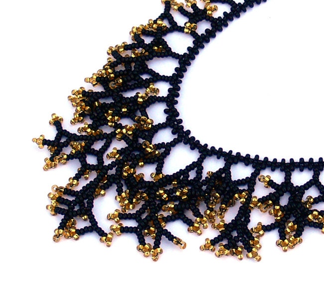 Gold Black Necklace. Beaded Handmade Jewelry. Beadwork. Coral Style