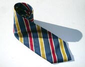 Men's classical neck tie, stripes, woven italian pure silk jacquard, navy with red yellow white, handmade, spring summer