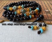 Natural Rosewood charm 108 blessings, Tibetan musical instruments charm, rosary, prayer amulet Mala Bracelet / Necklace