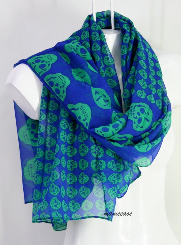 Chiffon skull stripes large and small blue-green color.shawl/wrap/scarf/accessory/hijab/gift/women gift/pashmina/scarves/lightweight/fashion