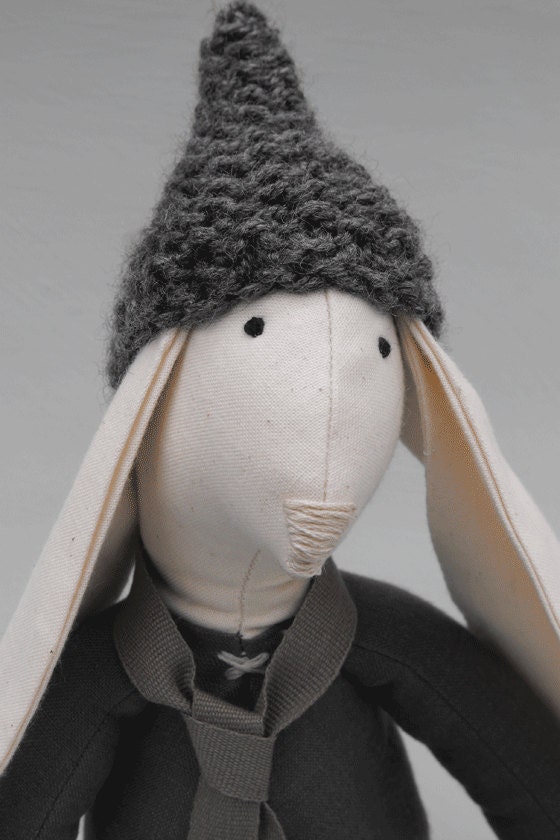 Quirky Cuddly Textile Boy Toy Bunny Rabbit Doll in  Linen and Calico with Grey Wool Beanie Called Gray