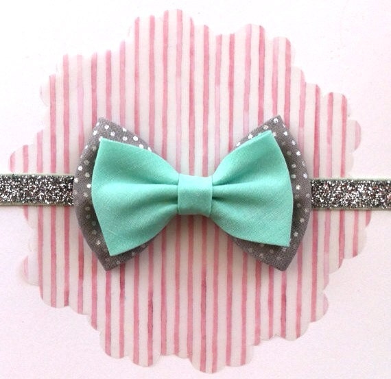 Baby Bow Headband Clip- Silver Dot and Mint Bow on Silver Sparkle Elastic- Glitter Elastic Headband- Seafoam Green Bow