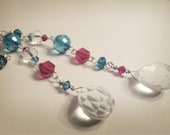Deco Flapper's DESTINY Lariat Necklace with Toggle, Silver Tone Chain and Cut Crystal Beads and Antique Briolette Red and Turquoise