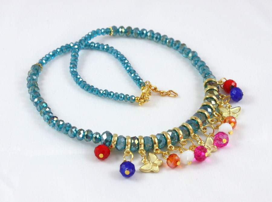 Elegant Baby blue, pale blue Czech Crystal Beaded Necklace- Spring Summer- with butterfly charmss- Ready to Ship